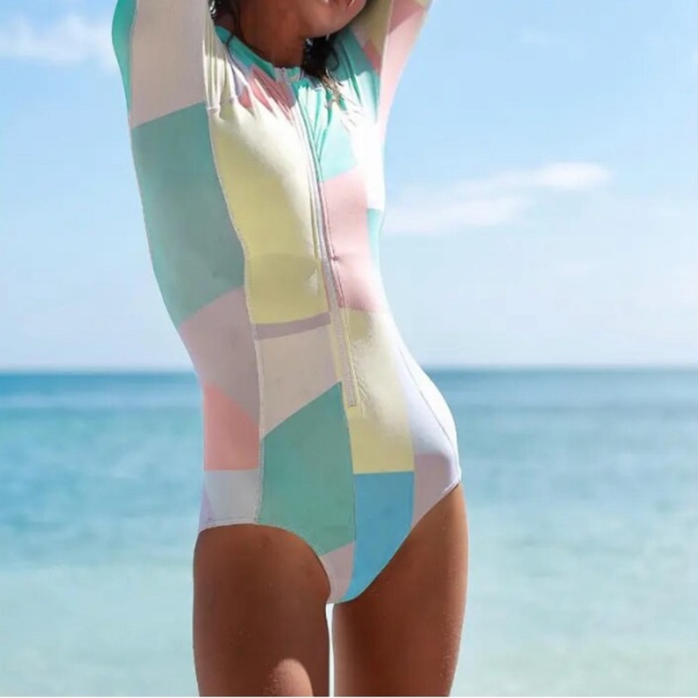 Pastel Colorblock UPF Rashguard surf swimsuit sleek lavender aqua salmon yellow